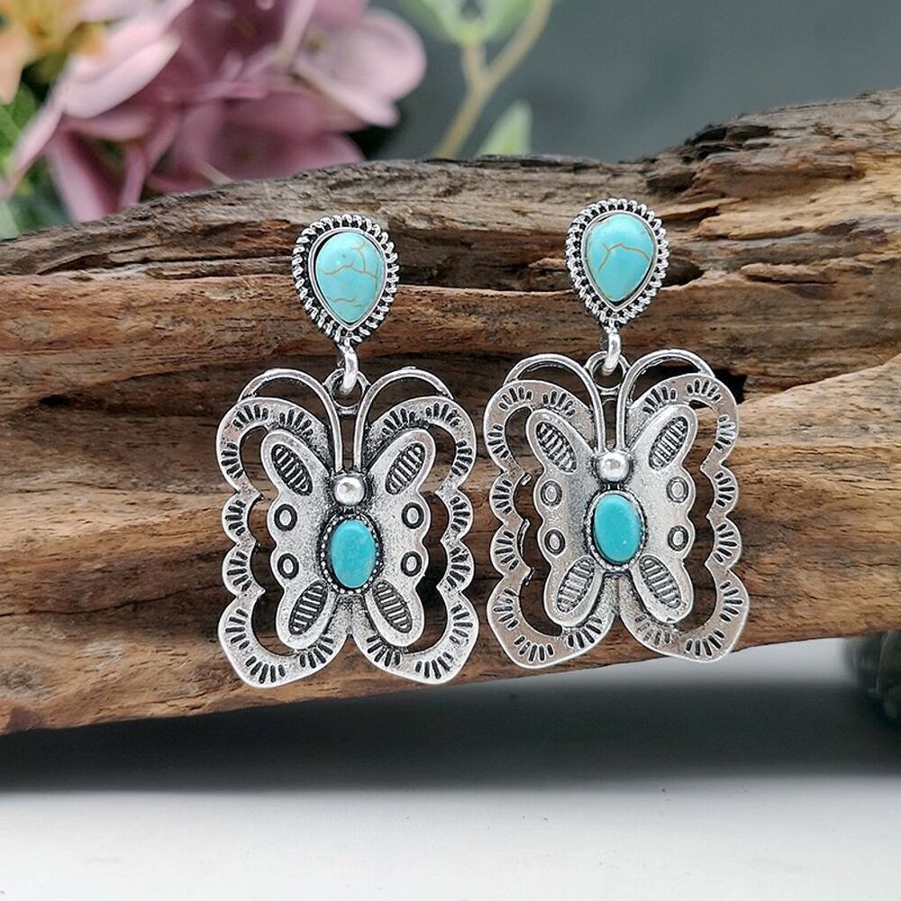 Bohemian Silver Tone Butterfly Stud Dangle Earrings with Faux Turquoise Beaded